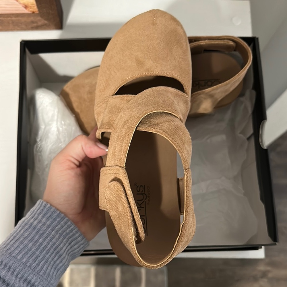 Corkys Tan Wedge Sandals with Suede Finish